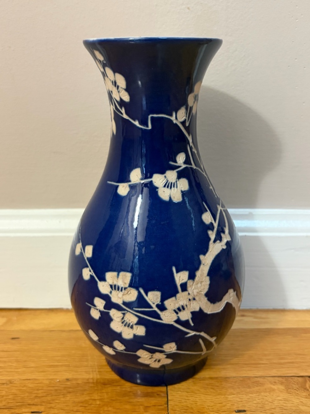 Vintage Artist Signed Asian Blue Cherry Blossom Prunus Ceramic Vase Vessel Decor